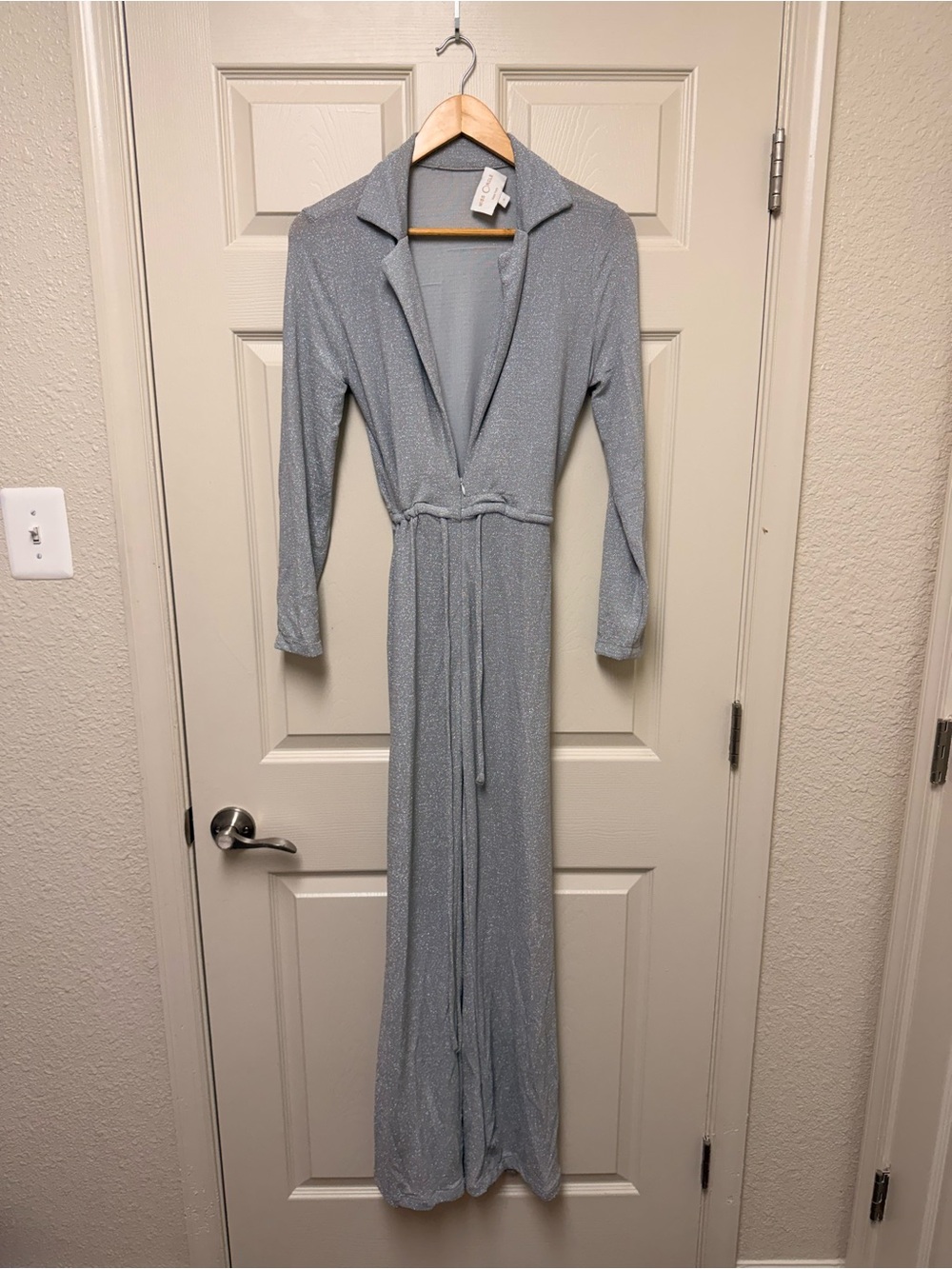Sparkle Light Gray Long Sleeve Jumpsuit with Tie Waist